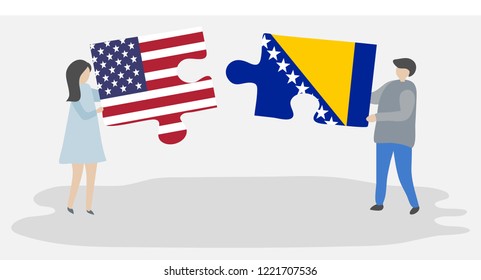 Couple holding puzzle pieces with American and Bosnian flags. United States of America and Bosnia and Herzegovina together.