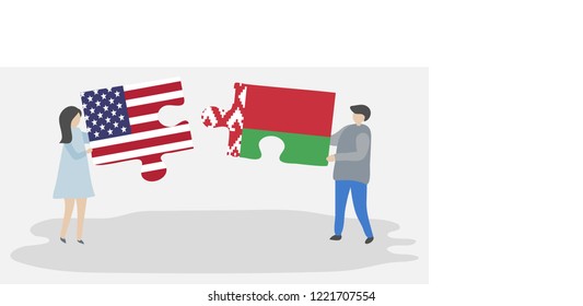 Couple holding puzzle pieces with American and Belarusian flags. United States of America and Belarus together.
