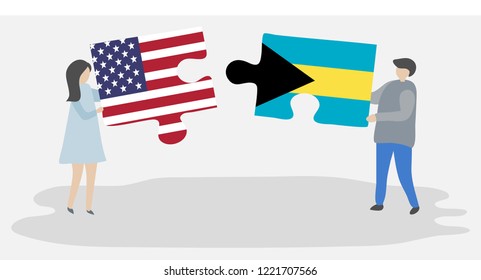 Couple holding puzzle pieces with American and Bahamian flags. United States of America and The Bahamas together.