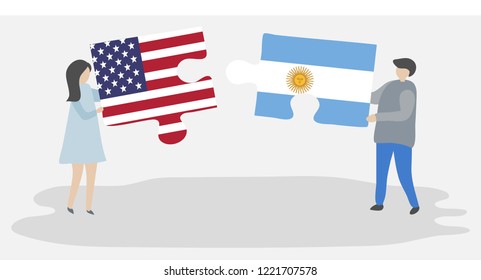 Couple holding puzzle pieces with American and Argentine flags. United States of America and Argentina together.