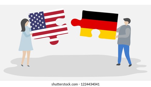 Couple holding puzzle pieces with American and German flags. United States of America and Germany together.