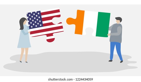 Couple holding puzzle pieces with American and Ivorian flags. United States of America and Ivory Coast together.