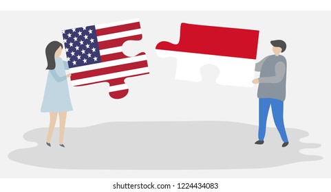 Couple holding puzzle pieces with American and Indonesian flags. United States of America and Indonesia together.