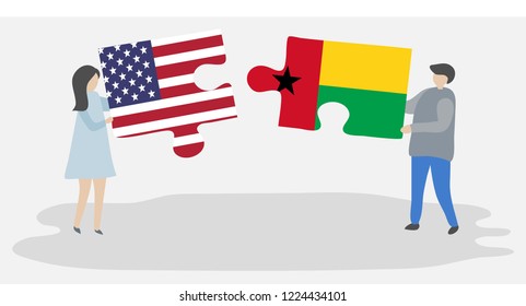 Couple holding puzzle pieces with American and Bissau-Guinean flags. United States of America and Guinea-Bissau together.