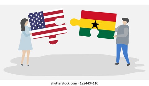 Couple holding puzzle pieces with American and Ghanaian flags. United States of America and Ghana together.