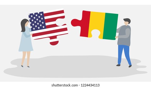 Couple holding puzzle pieces with American and Guinean flags. United States of America and Guinea together.
