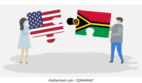 Couple holding puzzle pieces with American and Ni-Vanuatu national flags. United States of America and Vanuatu symbols.