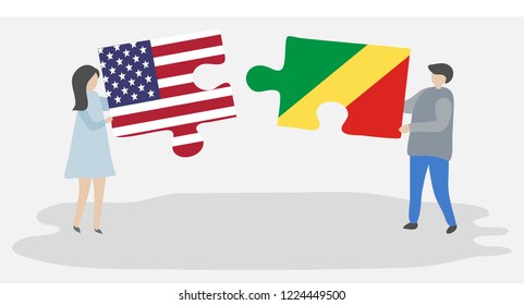 Couple holding puzzle pieces with American and Congolese or Congo national flags. United States of America and Republic of the Congo symbols.