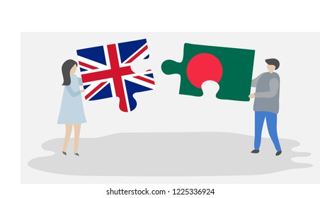 Couple holding puzzle pieces with British and Bangladeshi national flags. United Kingdom and Bangladesh symbols together.