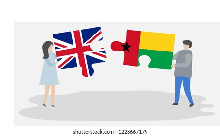 Couple holding puzzle pieces with British and Bissau-Guinean national flags. United Kingdom and Guinea-Bissau symbols together.