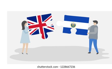 Couple holding puzzle pieces with British and Salvadoran national flags. United Kingdom and El Salvador symbols together.
