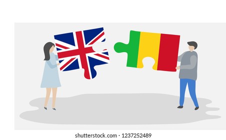 Couple holding puzzle pieces with British and Maltese national flags. United Kingdom and Malta flags together.