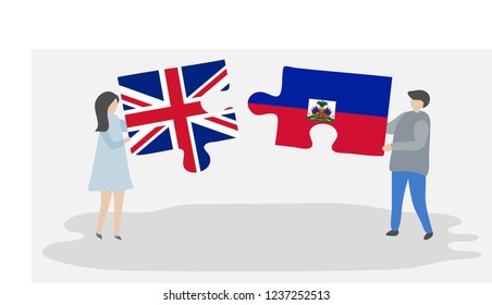 Couple holding puzzle pieces with British and Haitian national flags. United Kingdom and Haiti flags together.