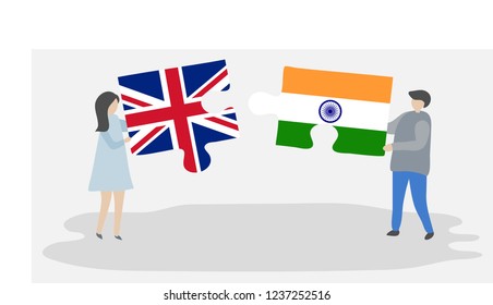 Couple holding puzzle pieces with British and Indian national flags. United Kingdom and India flags together.