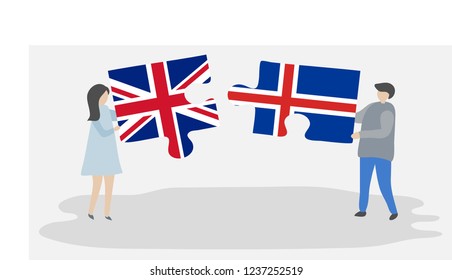Couple holding puzzle pieces with British and Icelandic national flags. United Kingdom and Iceland flags together.