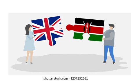 Couple holding puzzle pieces with British and Kenyan national flags. United Kingdom and Kenya flags together.
