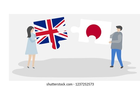 Couple holding puzzle pieces with British and Japanese national flags. United Kingdom and Japan flags together.