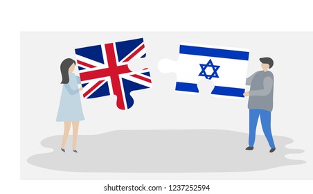 Couple holding puzzle pieces with British and Israeli national flags. United Kingdom and Israel flags together.