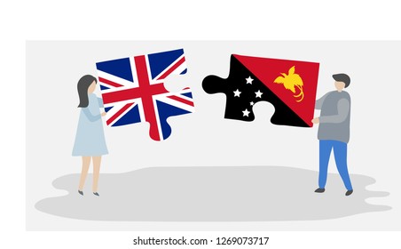 Couple holding puzzle pieces with British and Papua New Guinean national flags. United Kingdom and Papua New Guinea flags together.