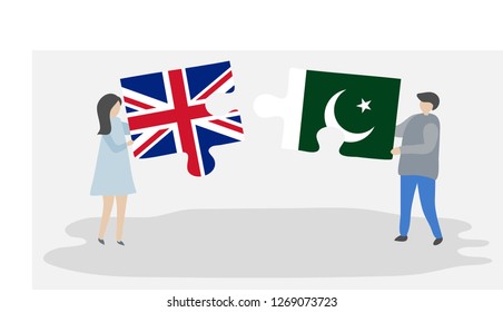 Couple holding puzzle pieces with British and Pakistani national flags. United Kingdom and Pakistan flags together.