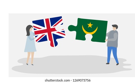 Couple holding puzzle pieces with British and Mauritanian national flags. United Kingdom and Mauritania flags together.