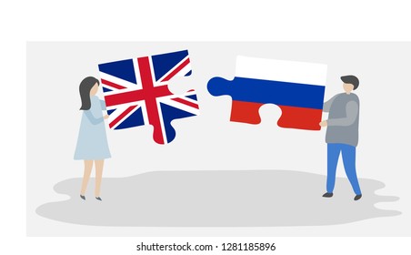 Couple holding puzzle pieces with British and Russian national flags. United Kingdom and Russia flags together.