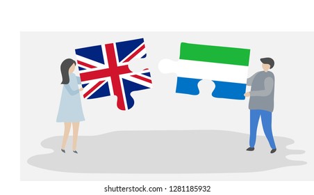 Couple holding puzzle pieces with British and Sierra Leonean national flags. United Kingdom and Sierra Leone flags together.