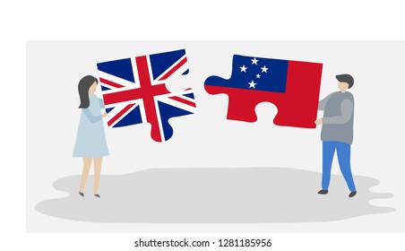 Couple holding puzzle pieces with British and Samoan national flags. United Kingdom and Samoa flags together.