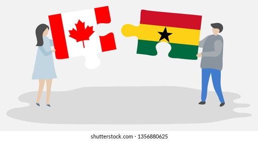 Couple holding puzzle pieces with Canadian and Ghanaian flags. Canada and Ghana national symbols together.