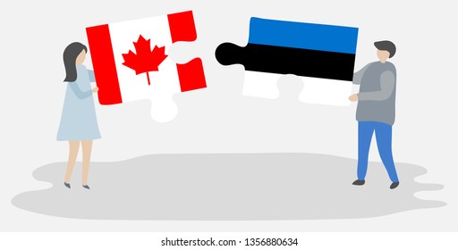 Couple holding puzzle pieces with Canadian and Estonian flags. Canada and Estonia national symbols together.