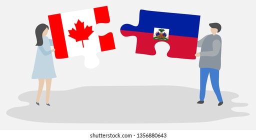 Couple holding puzzle pieces with Canadian and Haitian flags. Canada and Haiti national symbols together.