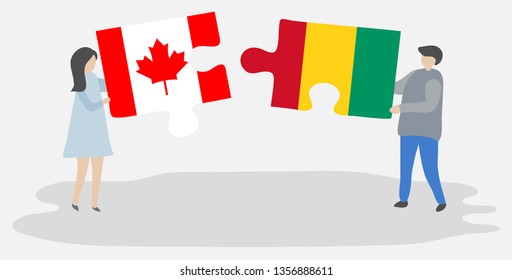Couple holding puzzle pieces with Canadian and Guinean flags. Canada and Guinea national symbols together.