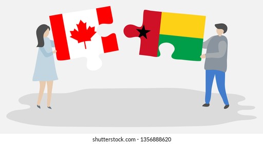 Couple holding puzzle pieces with Canadian and Bissau-Guinean flags. Canada and Guinea Bissau national symbols together.
