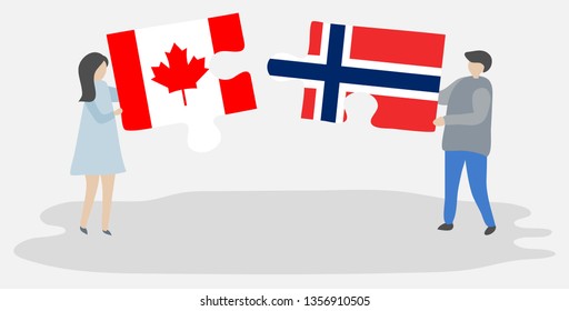 Couple holding puzzle pieces with Canadian and Norwegian flags. Canada and Norway national symbols together.