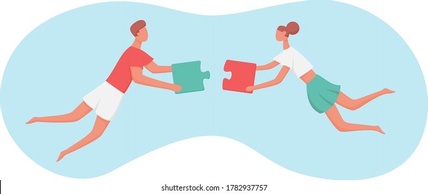Couple holding puzzles and try to match them. Relationship between girlfriend and boyfriend or husband and wife. Couple compatibility concept. Family issues illustration. Vector illustration