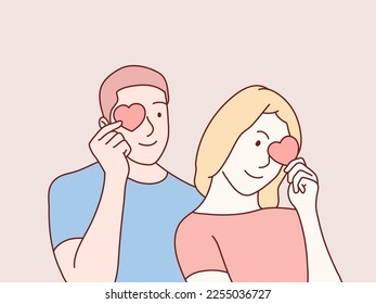 Couple Holding Red Paper hört in der Nähe von Augen und lächelt einfache koreanische Illustration