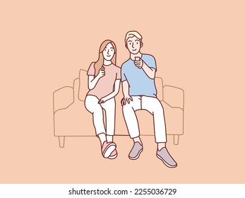 Couple holding remote tv and watching television on a sofa simple korean style illustration