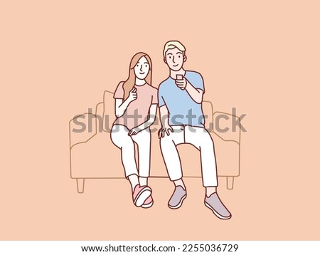 Couple holding remote tv and watching television on a sofa simple korean style illustration