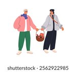 Couple holding shopping basket, preparing for Chinese holidays. Asian man and woman during festive gifts preparation, presents, souvenirs. Flat vector illustration isolated on white background