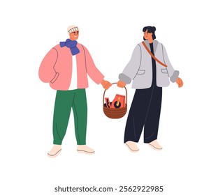 Couple holding shopping basket, preparing for Chinese holidays. Asian man and woman during festive gifts preparation, presents, souvenirs. Flat vector illustration isolated on white background