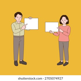 Una pareja sosteniendo un panel de signos y señalando. Estilo de ilustración de línea mínima.