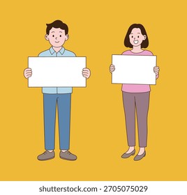 A couple holding up a sign panel and pointing. Minimal line illustration style. - Powered by Shutterstock - Get 15% off with code: PIKWIZARD15