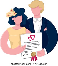 Couple are holding signed a marriage contract with a seal. Happy bride and groom with a marriage certificate. Concept of a successful marriage, a happy family life. Wedding card. Vector illustration.