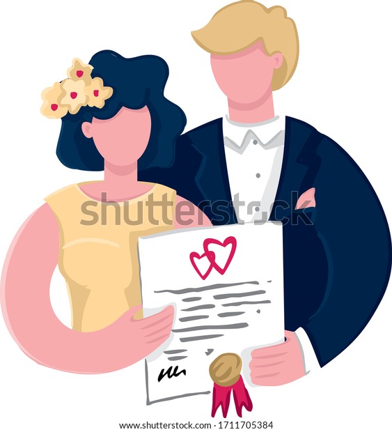 Couple are holding signed a marriage\
contract with a seal. Happy bride and groom with a marriage\
certificate. Concept of a successful marriage, a happy family life.\
Wedding card. Vector\
illustration.