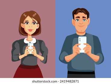 
Couple Holding Smartphone Chatting Online Vector Cartoon illustration. Happy boyfriend and girlfriend talking to each other on social media app
