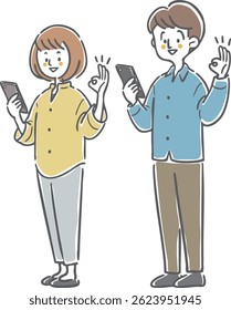 Casal segurando um smartphone e fazendo um sinal OK, corpo inteiro, vetor