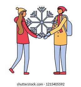 couple holding snowflake winter season couple holding snowflake winter season