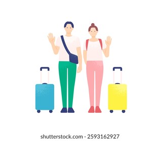 Couple holding suitcases and waving. Vector illustration of a departure scene.