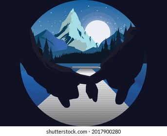 A couple holding there hands at the night  with hills, forest, fir-trees, view at scenery with clear sky, full moon.convenience of using it as a background.