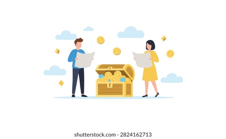 Couple holding treasure maps while standing near an open chest filled with gold coins and diamonds, depicting discovery, success, and wealth.